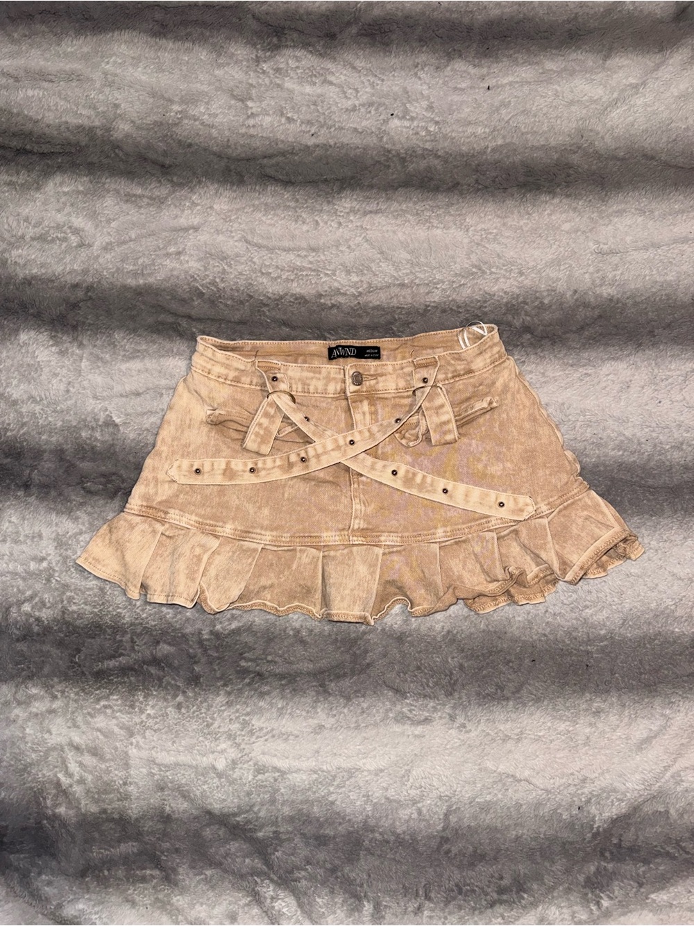 Beige Ruffle Denim Mini Skirt with Belt Detail - Picture 2 of 2